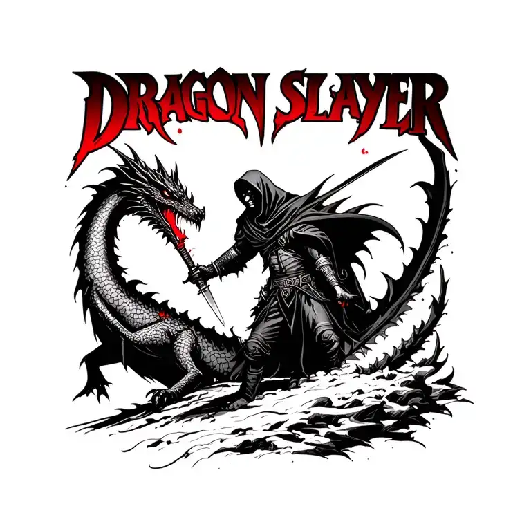"Dragon slayer" battle worn man in black hood holding a small bloodied sword facing to kill a dragon tattoo design idea