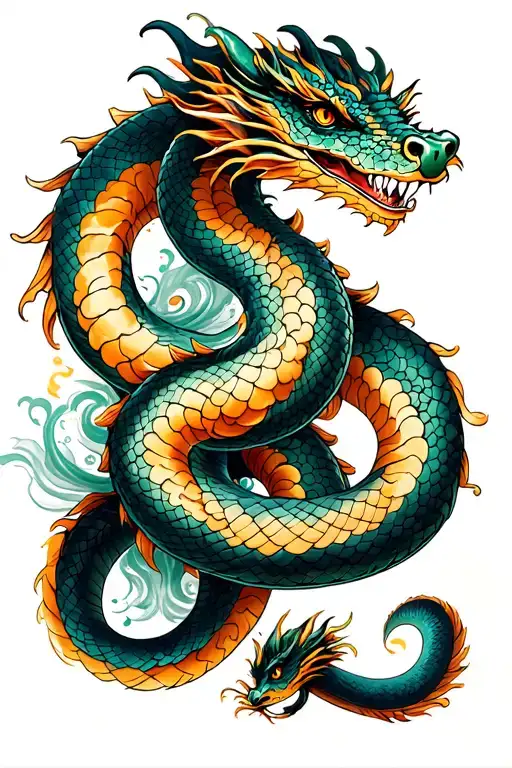 Water Dragon, water snake, and wood snake intertwining japanese style tattoo design idea