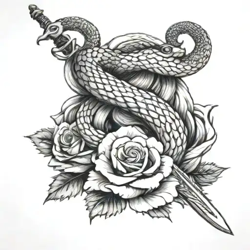 a snake wrapped around a sword on a bed of roses   tattoo design idea