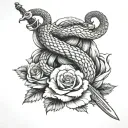 a snake wrapped around a sword on a bed of roses   tattoo design idea