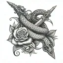 a snake wrapped around a sword on a bed of roses   tattoo design idea