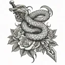 a snake wrapped around a sword on a bed of roses   tattoo design idea