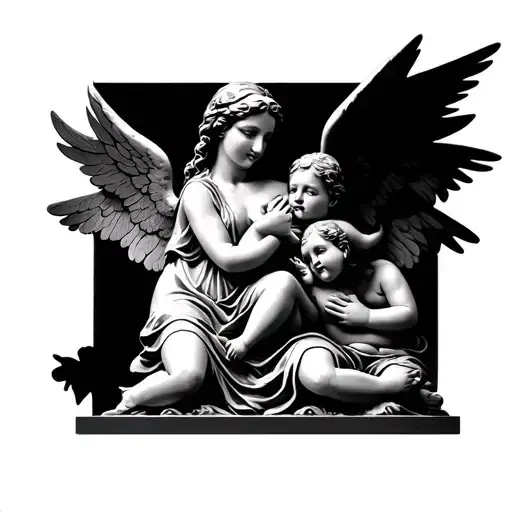 statue of samotrace with baby angels and all tattoo design idea