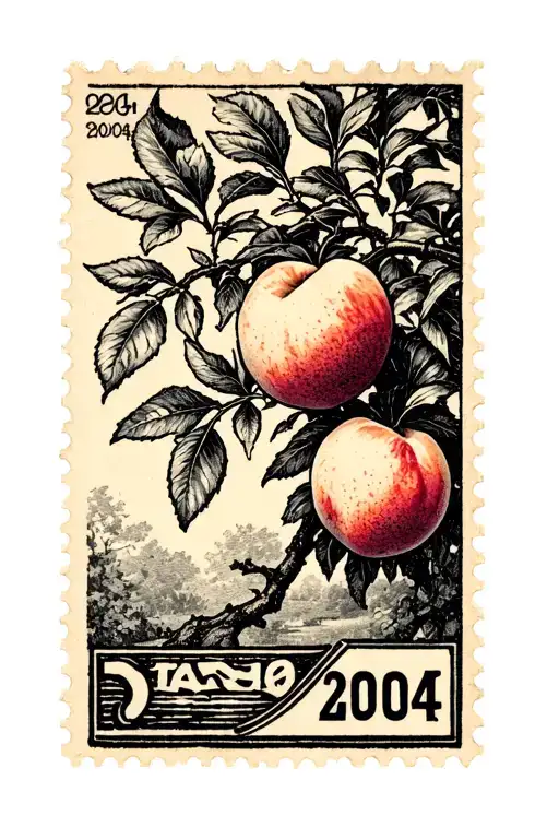 vintage postage stamp with a peach tree branch and "2004" in the corner tattoo design idea
