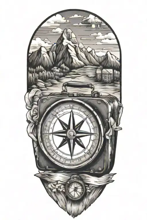 travel tattoo featuring compass rose, vintage suitcase, postcard, mountains tattoo design idea