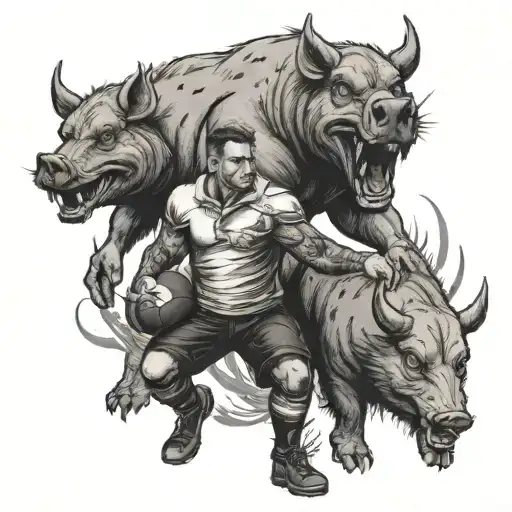 football player holding two boars with skulls tattoo design idea