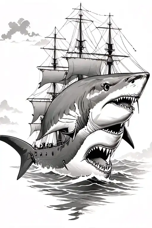1 great white Shark with 3 mast Ship sailing tattoo design idea