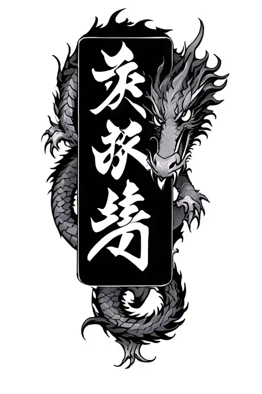 Vertical rectangle with japense kanji inside and a dragon wrapping around the rectangle tattoo design idea