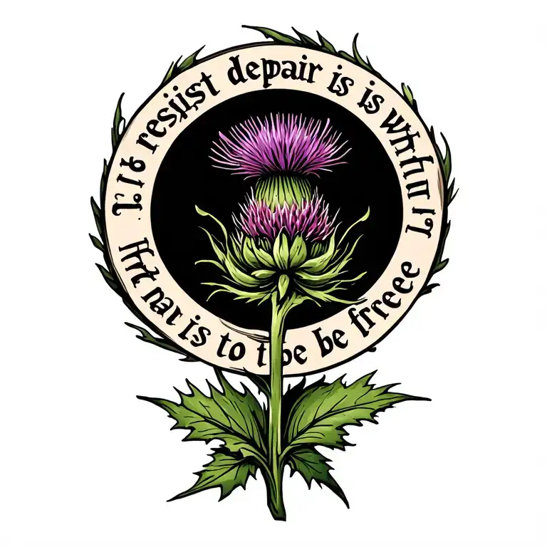 a thistle with text in a circle around it saying "to resist despair is what it means to be free" tattoo design idea