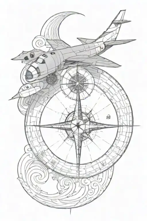 golden ratio spiral as wave, with compass design and fighter jet tattoo design idea