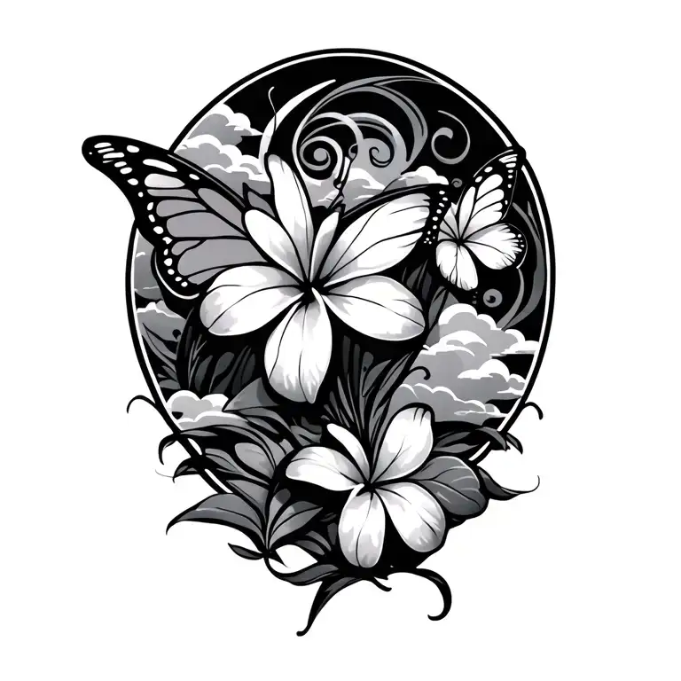butterflies and clouds swirling plumeria with Polynesian design  tattoo design idea