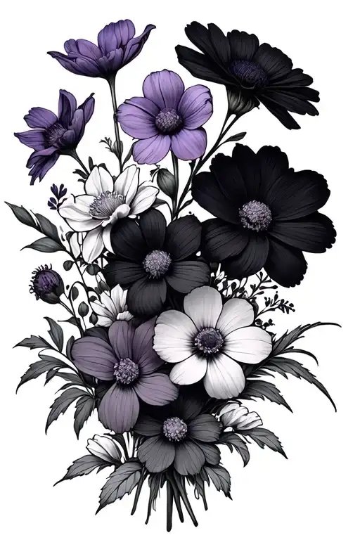 fine line flower bouquet with cosmos, narcissus, and violet tattoo design idea