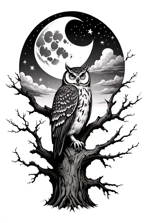 Blackwork forearm tattoo, owl on gnarled tree, Pendle Hill background, moon, night sky, stars, clouds, integrated scene, tattoo design idea