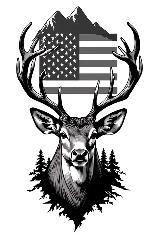 mountain u.s flag, mule deer, not all who wonder are lost tattoo design idea