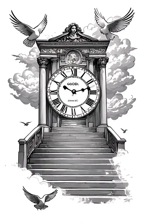 stairs going up to the gates of heaven with doves flying around in the clouds and a roman numeral clock with god over it tattoo design idea