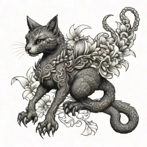Elegant tattoo of a female tazelwurm cat dragon, full body picture with its feathery tail wrapped around an orchid tattoo design idea
