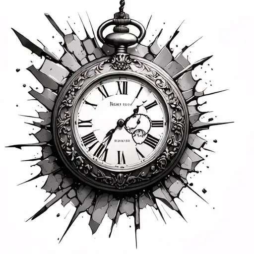 "Black and grey tattoo of a shattered vintage pocket watch with Roman, Half broken glass shards, Half fully fine. tattoo design idea