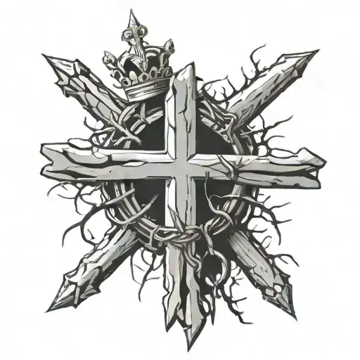 cross made of three nails with a crown of thorns on it tattoo design idea