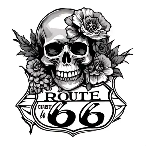 skull and Route 66 on the shoulder and chest tattoo design idea