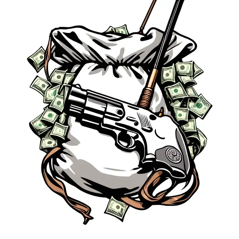 money bag fishing rod handgun tied tattoo design idea