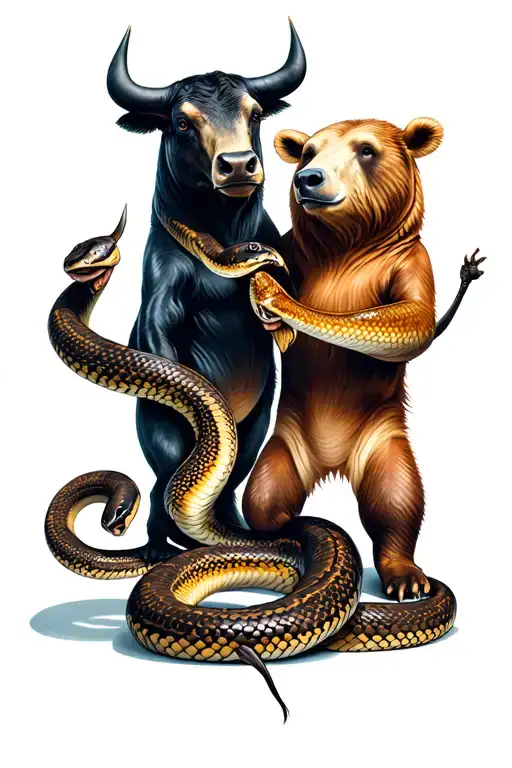 Bull and Bear trading animals with costumes holding hands Snake: A tattoo design idea
