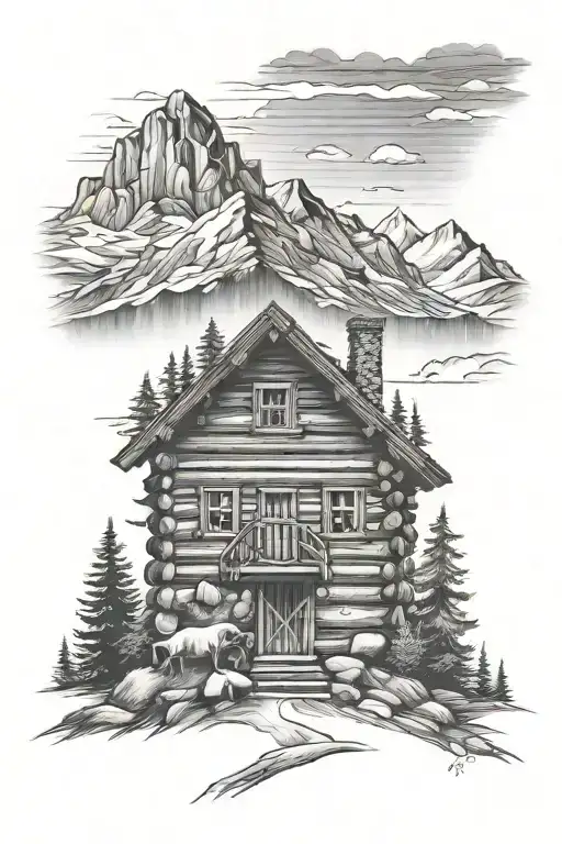 log cabin near mountains tattoo design idea