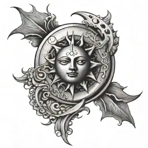sun with a ray of light from the moon tattoo design idea