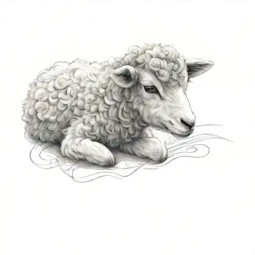 delicate lamb laying down fine line tattoo design idea