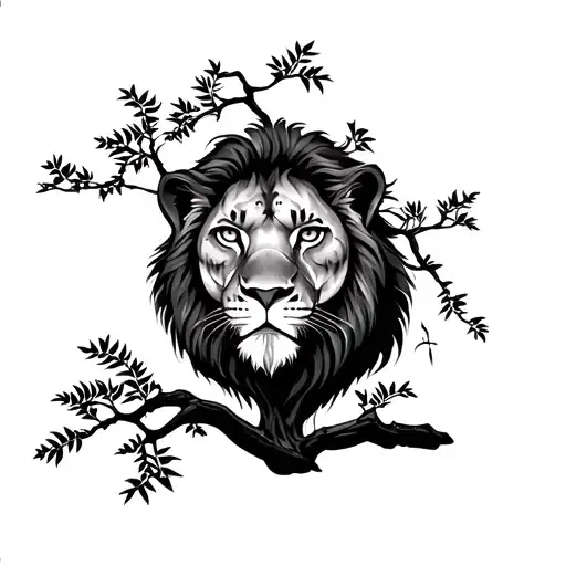  moonlit acacia tree, a panther silhouette in the branches, and a detailed lion’s face, one eye being the sun tattoo design idea