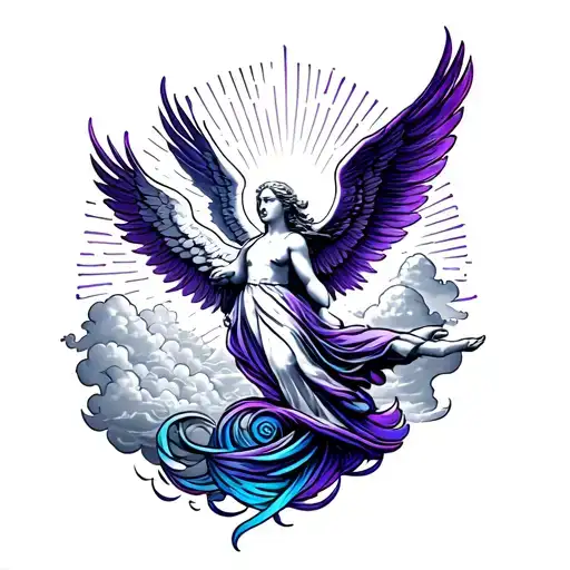 long swirly purple and blue forearm tattoo of angels flying up to clouds w sun rays  tattoo design idea