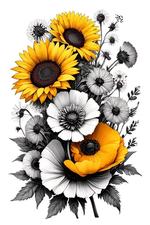 pile of flowers- sunflower, dandelion, poppy, orange blossom, goldenrod tattoo design idea