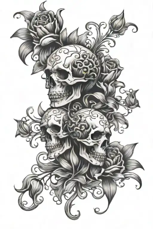 filigree sleeve with skulls and tulips black and grey tattoo design idea