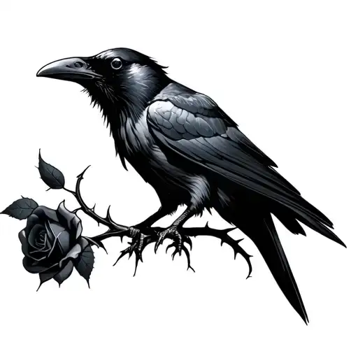 Raven holding a black rose with thorns tattoo design idea