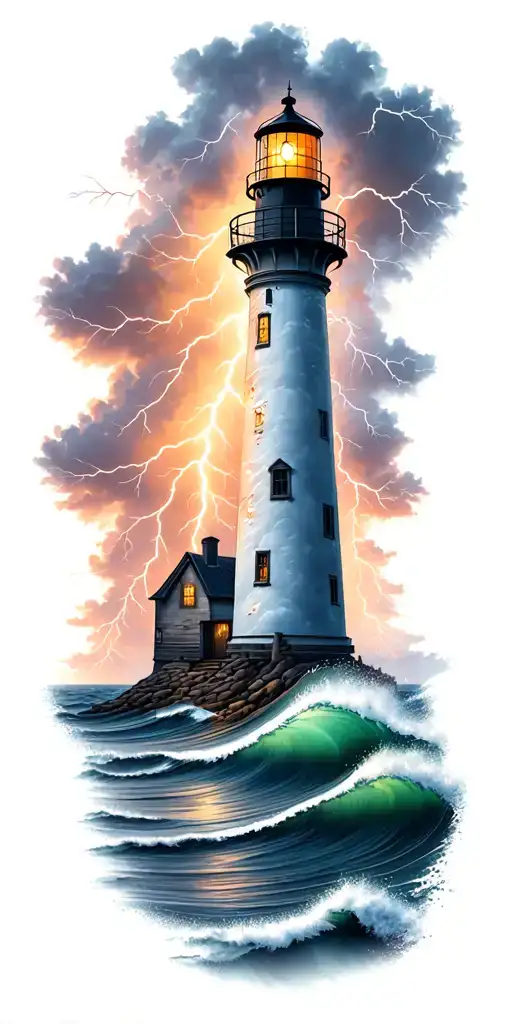lighthouse and waves and a lightning storm  tattoo design idea