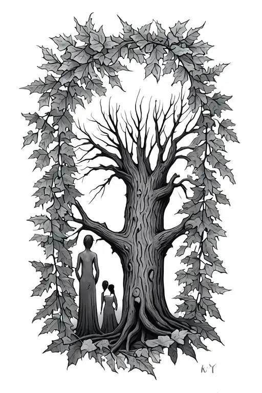 family theme tattoo featuring ivy reeds fir and oak no people only the trees tattoo design idea