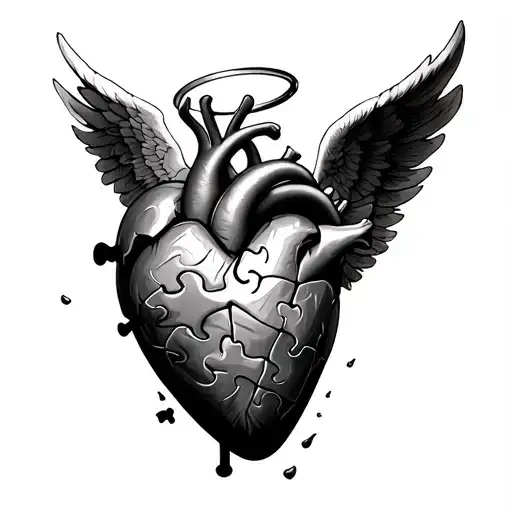 realistic heart with puzzle piece falling out with angel wings and halo  tattoo design idea