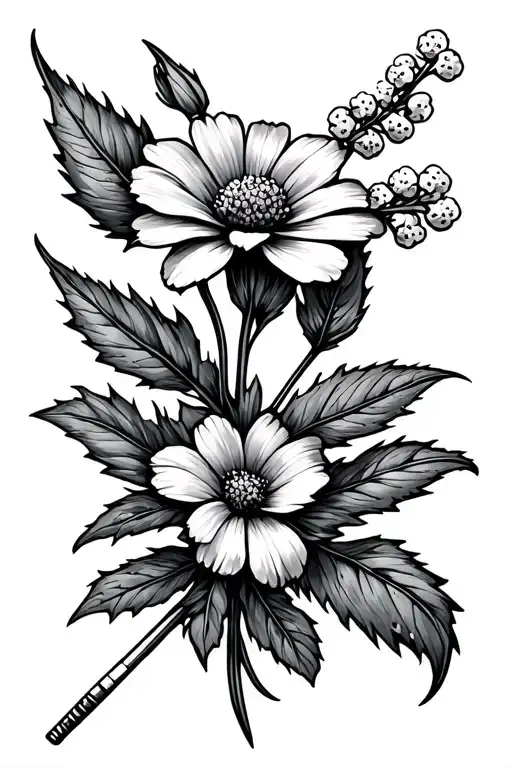 A small dart with a tiny flower (like a lavender orbaby's breath) entwined around it, positionedover a subtle rock sil tattoo design idea