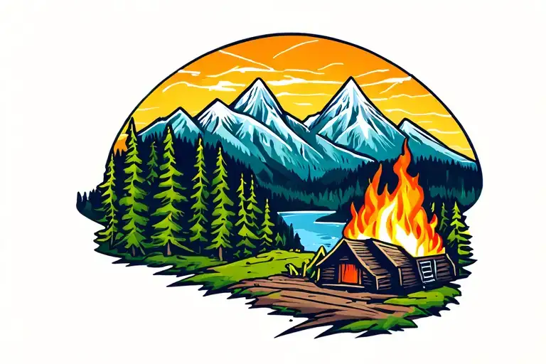 Camping mountains fire tattoo design idea