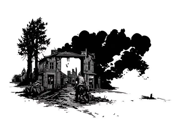 post apocalyptic horror town with traveler tattoo design idea