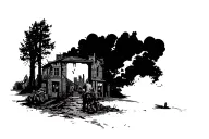 post apocalyptic horror town with traveler tattoo design idea