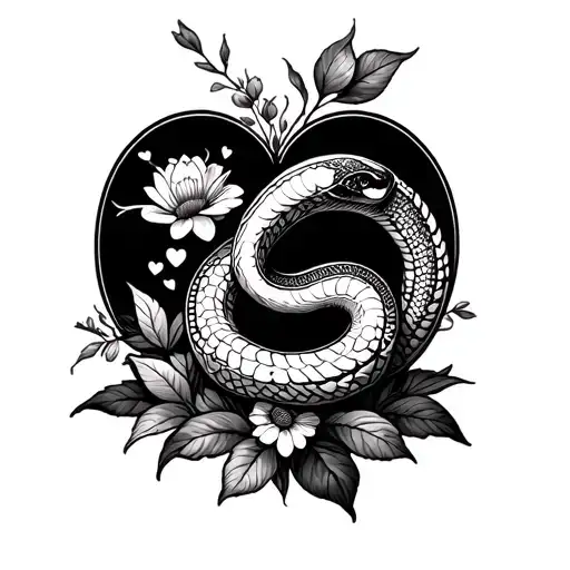 Tattoo for female thigh include Chinese zodiac snake, Gemini zodiac, flowers, hearts tattoo design idea