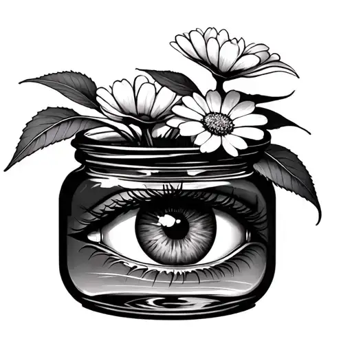 Create a project for me from a mixture of graphics and realism, let it be a jar with a plant that has eyes like flowers tattoo design idea