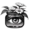 Create a project for me from a mixture of graphics and realism, let it be a jar with a plant that has eyes like flowers tattoo design idea