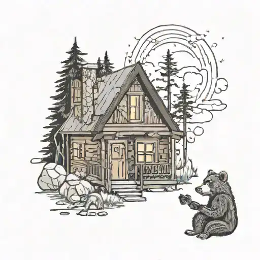 An image of a cabin style house with a window. In front of the cabin, there is a bear playing guitar. tattoo design idea