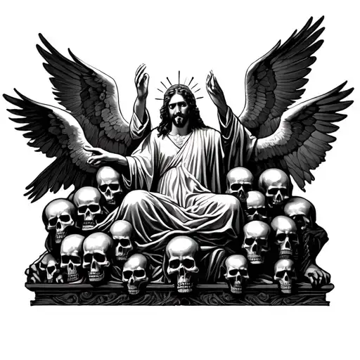 God on throne of angels of multiple faces healing a vallley of skulls as depicted in the Book of Ezekiel tattoo design idea