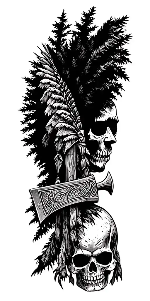 Native American skull axes mountians forests merge tattoo design idea