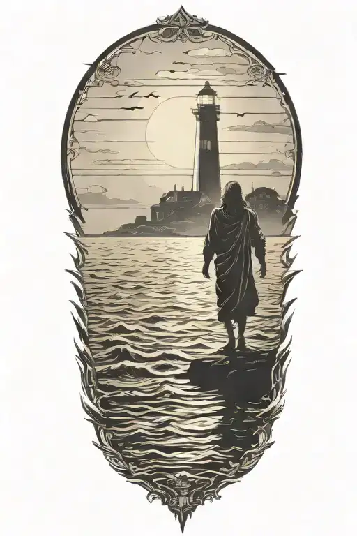 A Silhouette Of muscular Jesus Walking On Water towards a distant Lighthouse, realistic, veiw from the back,  tattoo design idea