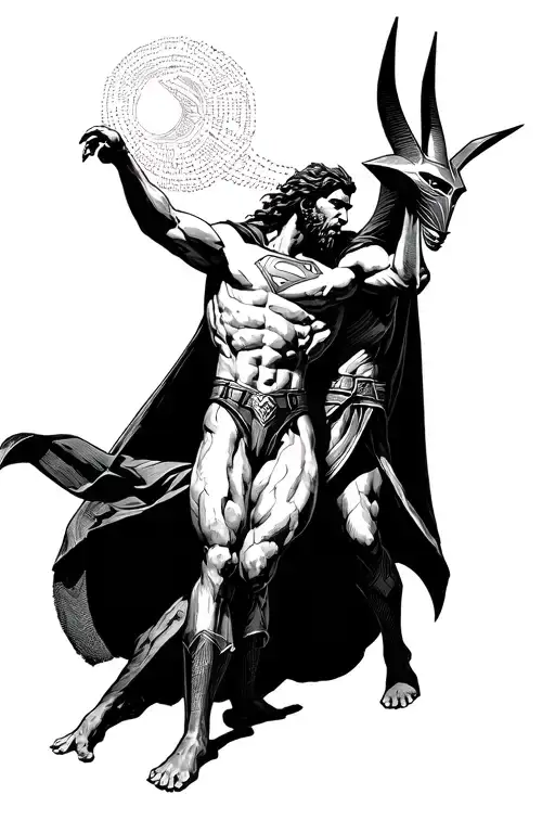 Anubis and Zeus fighting superman tattoo design idea