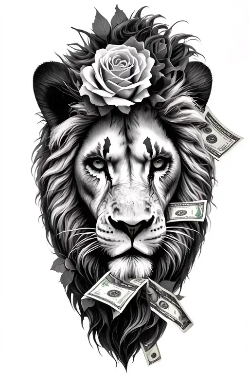 lion, roses cash and joker cash, in black and white tattoo design idea