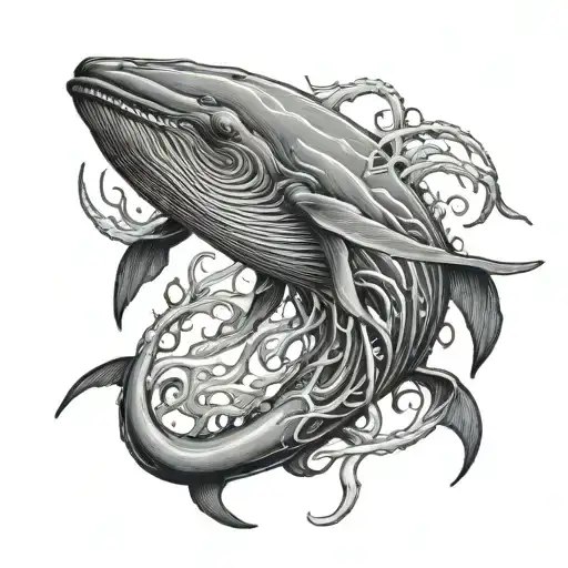 giant sperm whale fighting huge massive squid with death involved.  tattoo design idea
